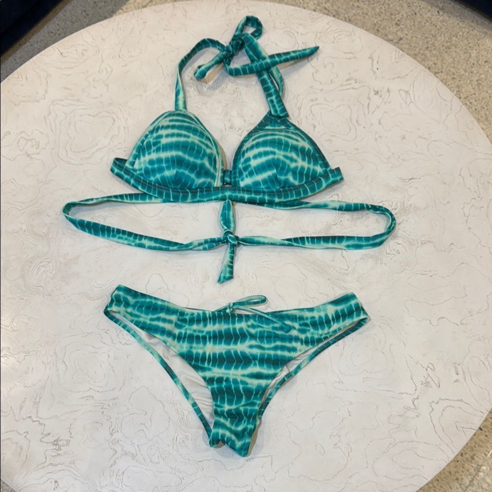 VICTORIA'S Secret Pink Teal  white Tie Dye Bikini ruched bottom triangle top M